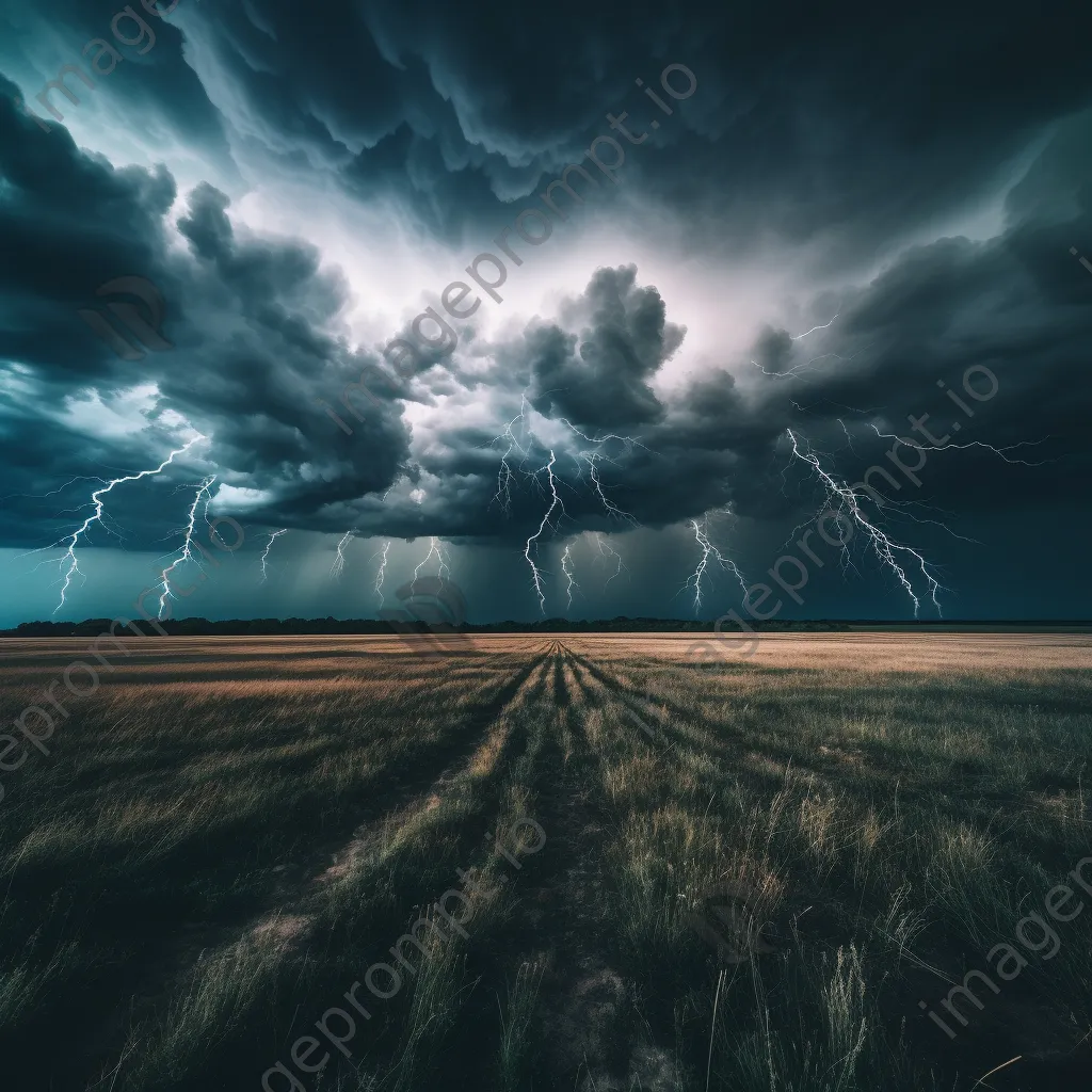 Thunderstorm with dark swirling clouds and lightning over an open field. - Image 2