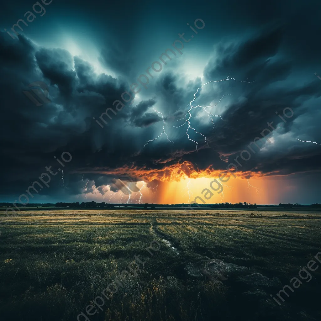 Thunderstorm with dark swirling clouds and lightning over an open field. - Image 3