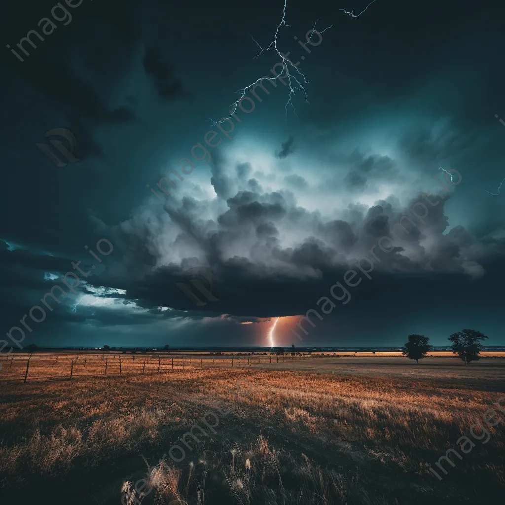 Thunderstorm with dark swirling clouds and lightning over an open field. - Image 4