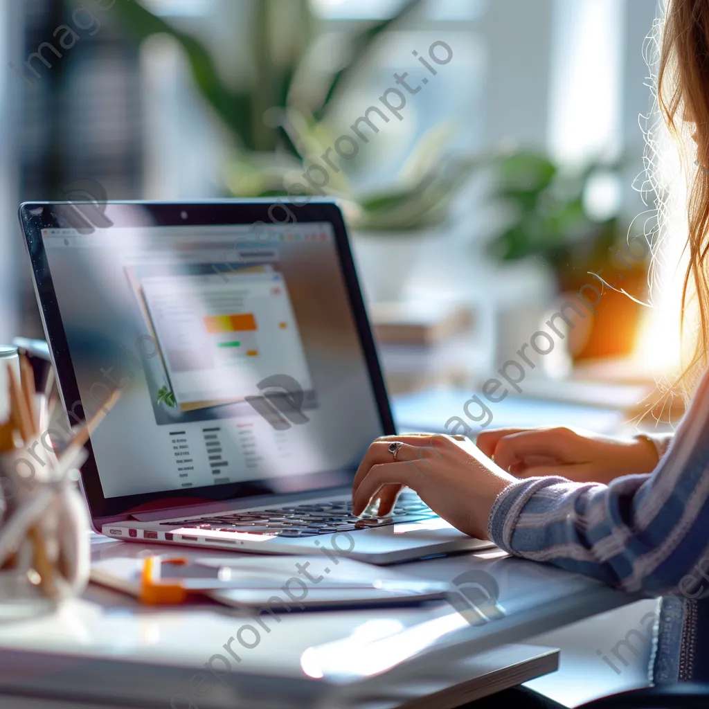 Woman using a laptop for online shopping with a digital wallet interface on screen in an office. - Image 1