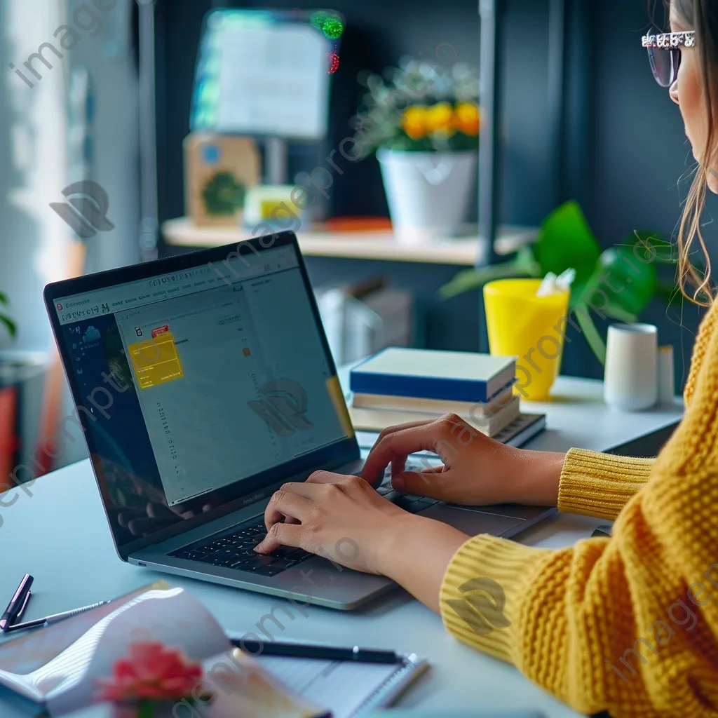 Woman using a laptop for online shopping with a digital wallet interface on screen in an office. - Image 2