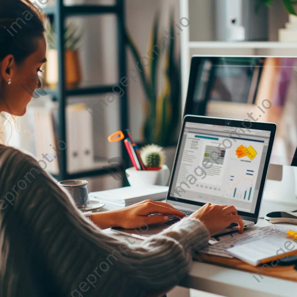 Woman using a laptop for online shopping with a digital wallet interface on screen in an office. - Image 3