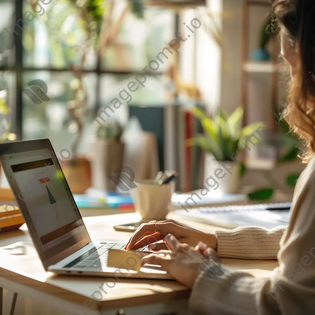 Woman using a laptop for online shopping with a digital wallet interface on screen in an office. - Image 4