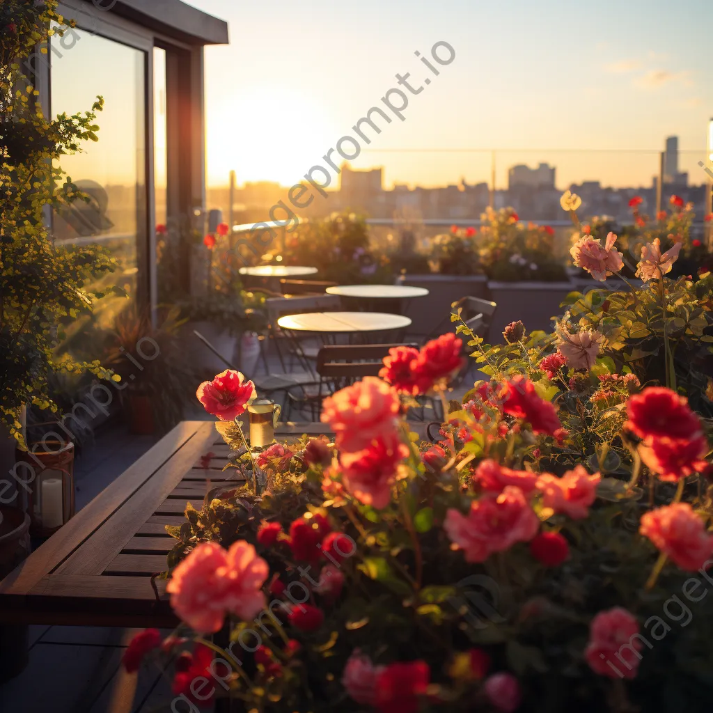 Rooftop garden with flowers and city skyline during golden hour - Image 1