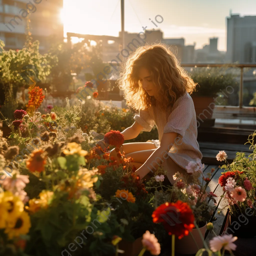 Rooftop garden with flowers and city skyline during golden hour - Image 2