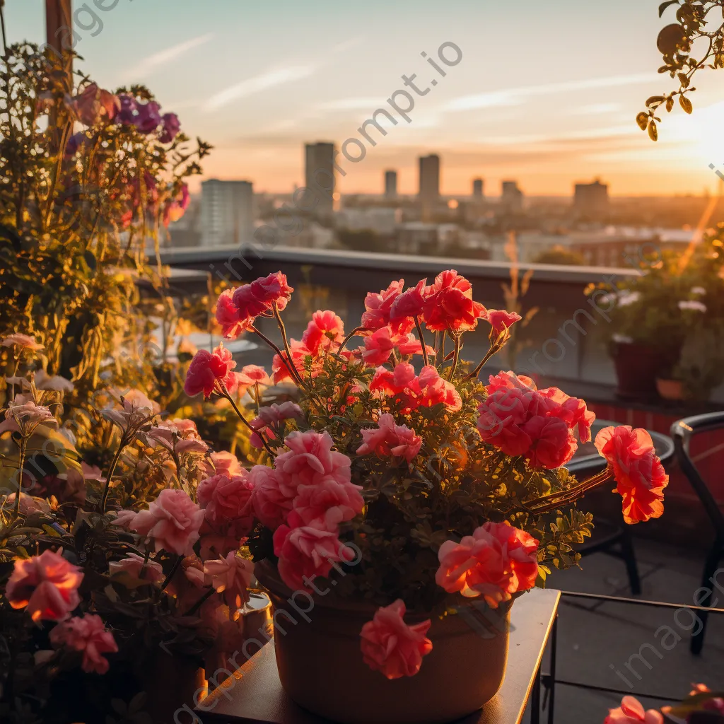 Rooftop garden with flowers and city skyline during golden hour - Image 3