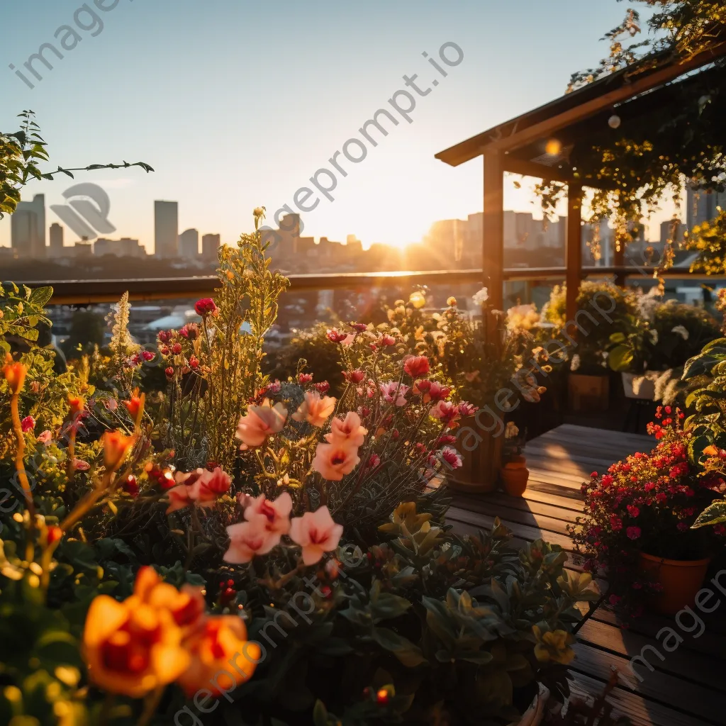 Rooftop garden with flowers and city skyline during golden hour - Image 4