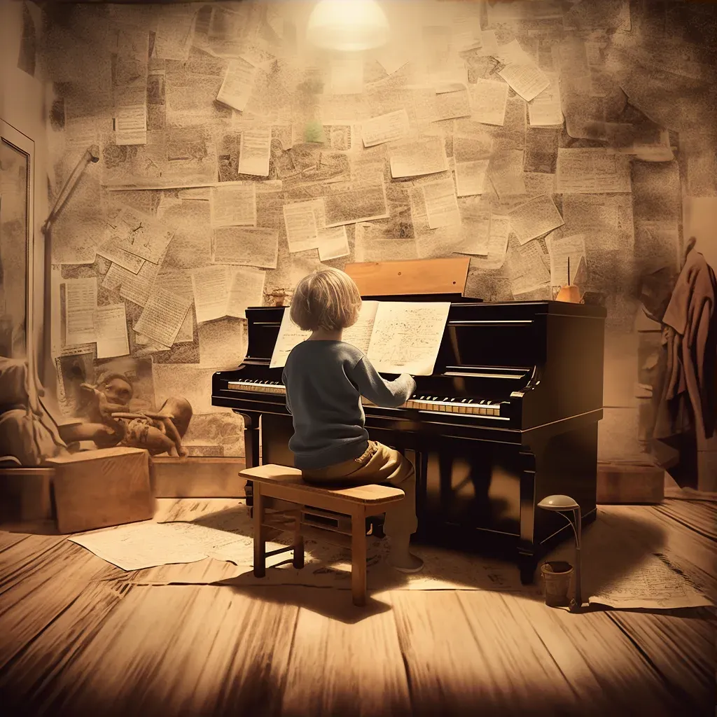 Child learning to play piano with sheet music spread across the floor - Image 3