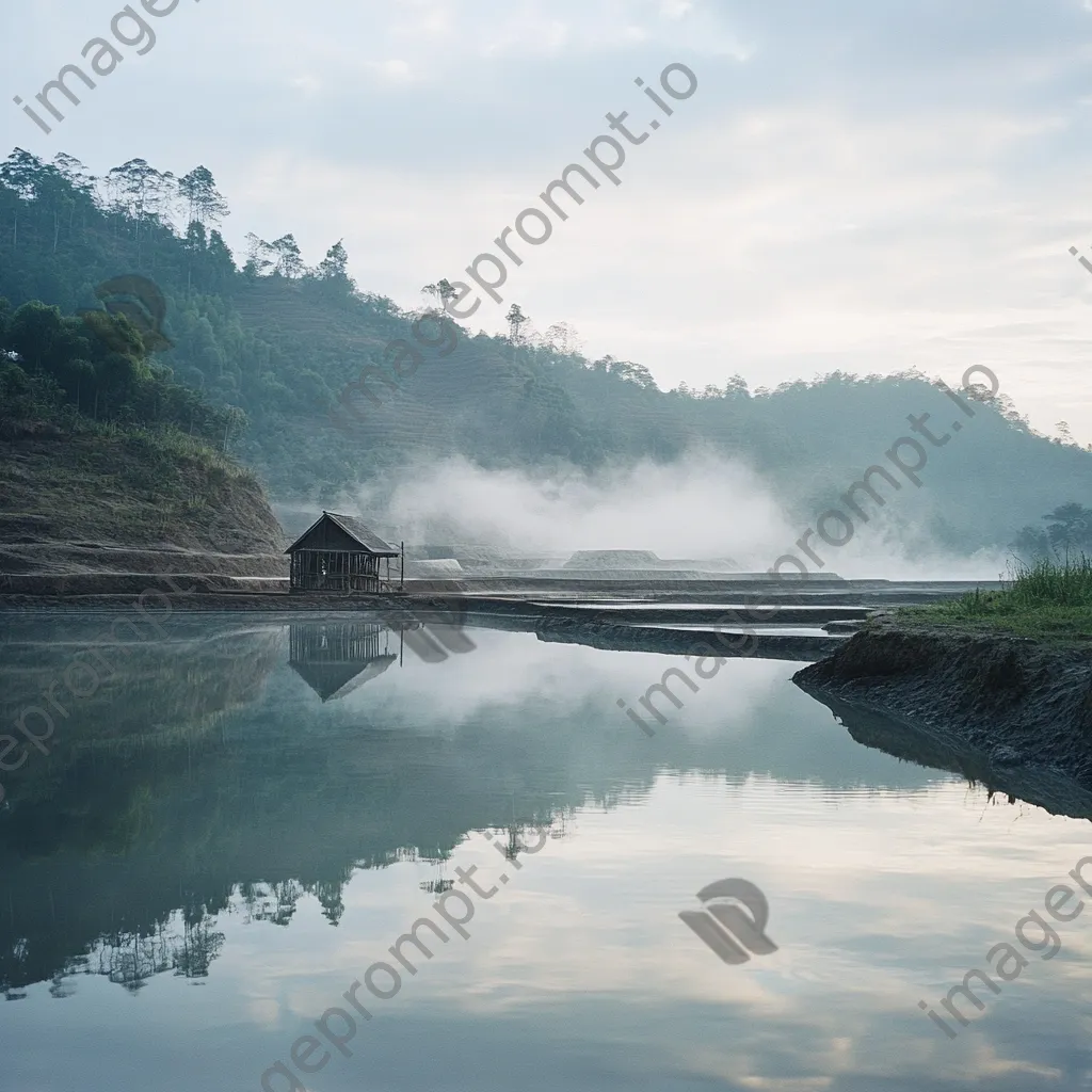 Tranquil reflection of a salt mine in calm waters - Image 4