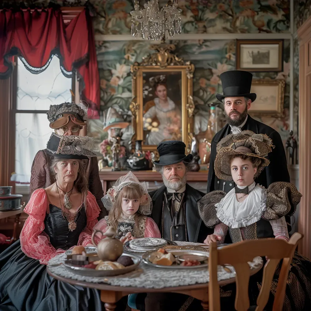 Vintage portrait of an old-fashioned family in Victorian-era parlor - Image 3