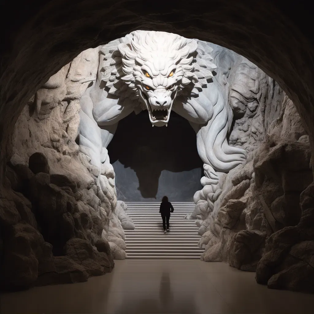 Entrance to the underworld with a colossal stone beast and a winding path - Image 2