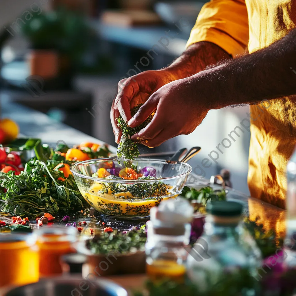 Artisan making flavored butter with herbs and spices in a bright kitchen setting - Image 1