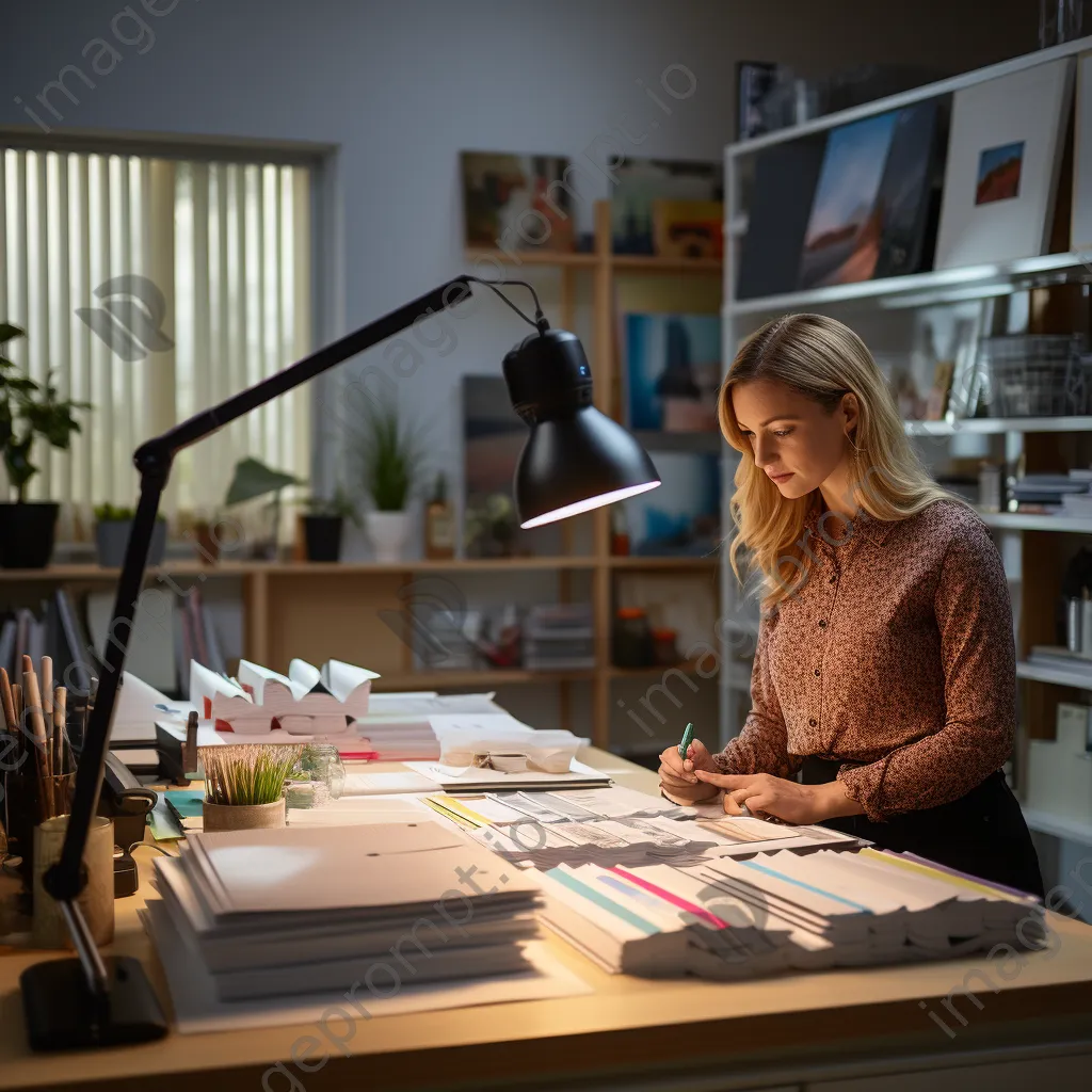 Administrator organizing colorful stationery in office - Image 2