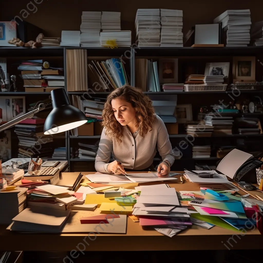 Administrator organizing colorful stationery in office - Image 4