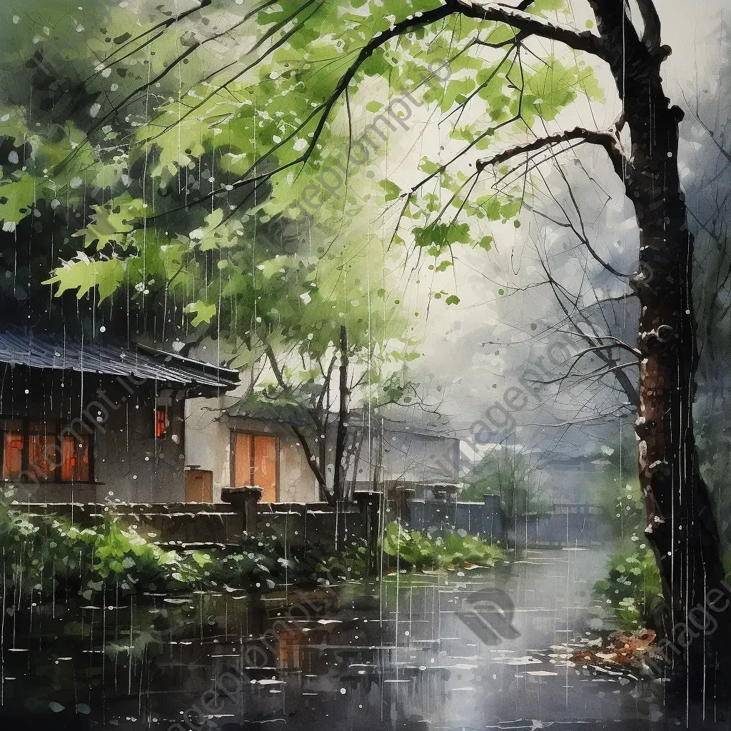 Watercolor depiction of a soft yet intense spring downpour - Image 3