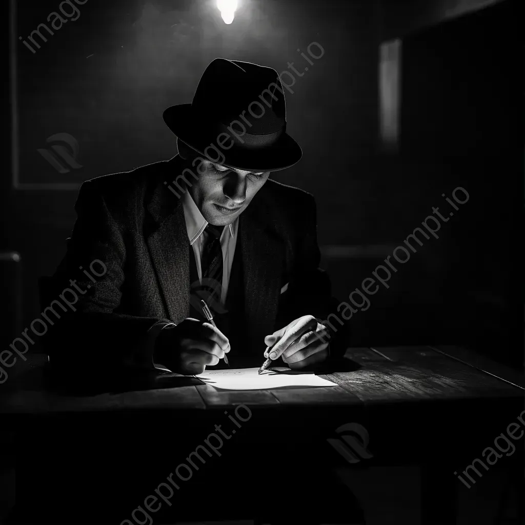 A tense scene depicting the deciphering of a secret coded message in chiaroscuro style - Image 1