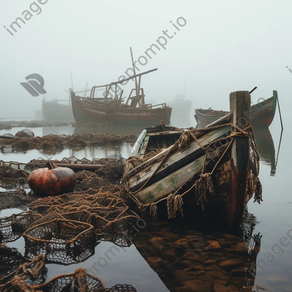 Historical perspective of oyster farming with wooden boats in mist - Image 1