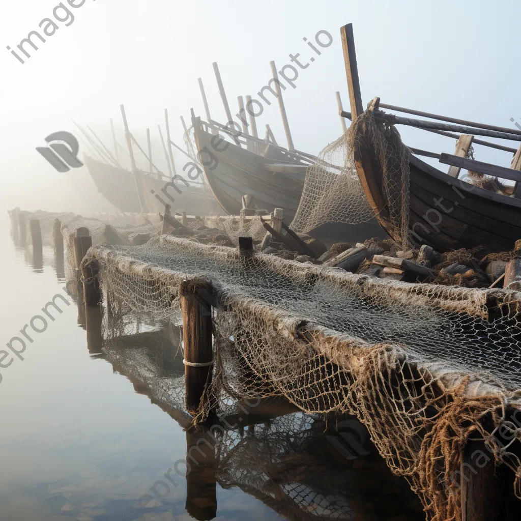 Historical perspective of oyster farming with wooden boats in mist - Image 2