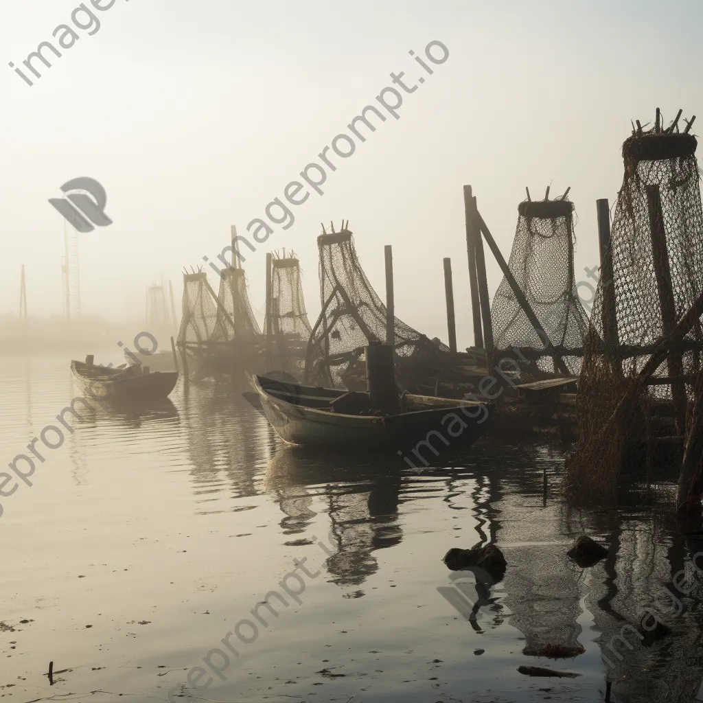 Historical perspective of oyster farming with wooden boats in mist - Image 3