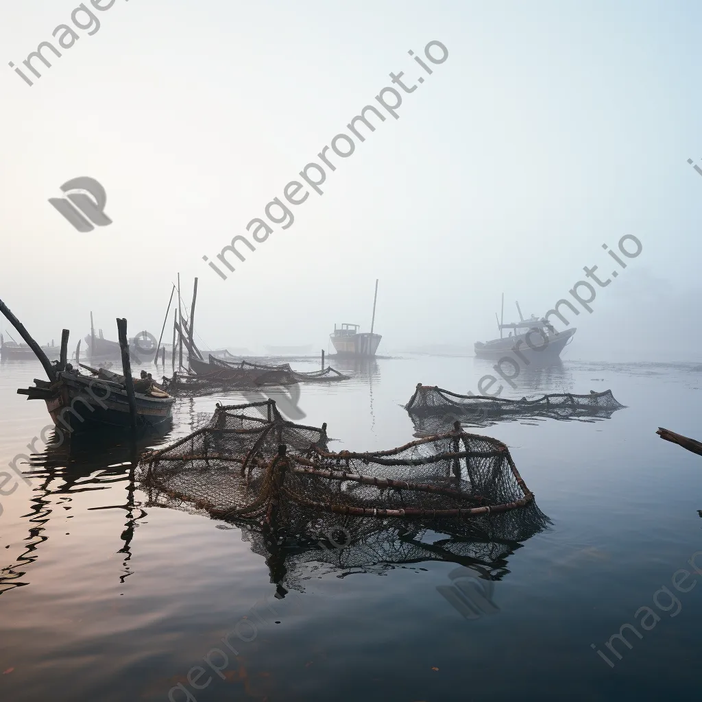 Historical perspective of oyster farming with wooden boats in mist - Image 4