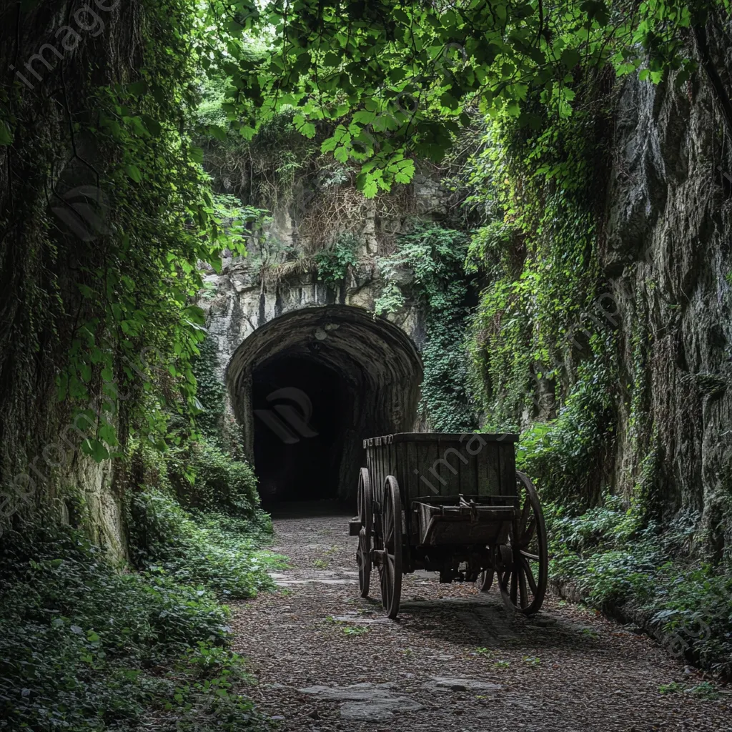 Entrance of historic salt mine with greenery and cart - Image 1