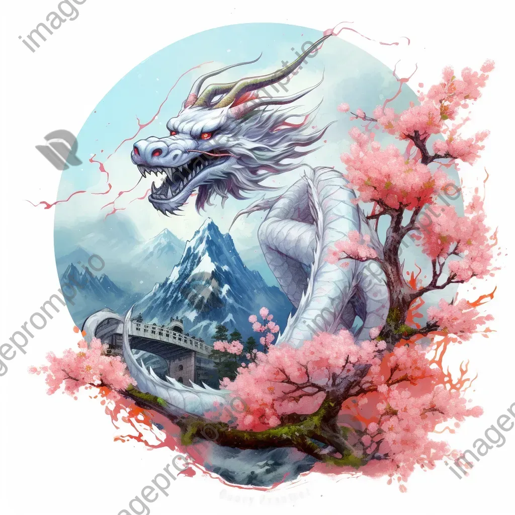 Painting of a majestic dragon curled around a mountain peak in Eastern watercolor style - Image 1