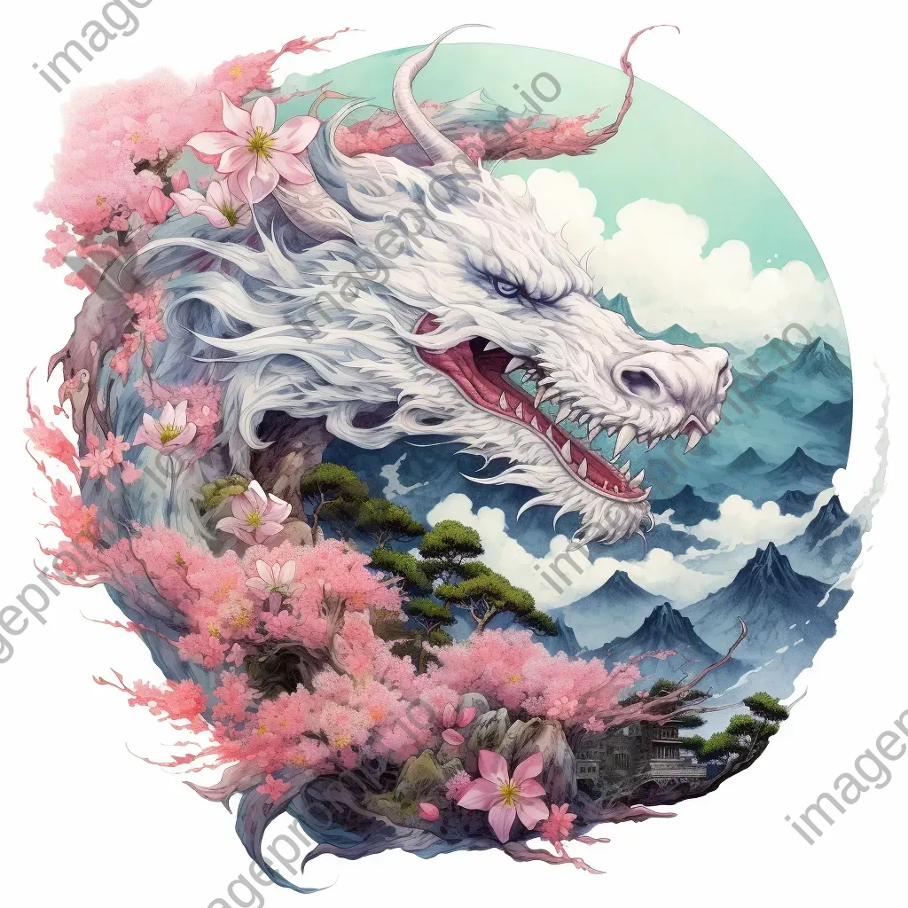 Painting of a majestic dragon curled around a mountain peak in Eastern watercolor style - Image 2