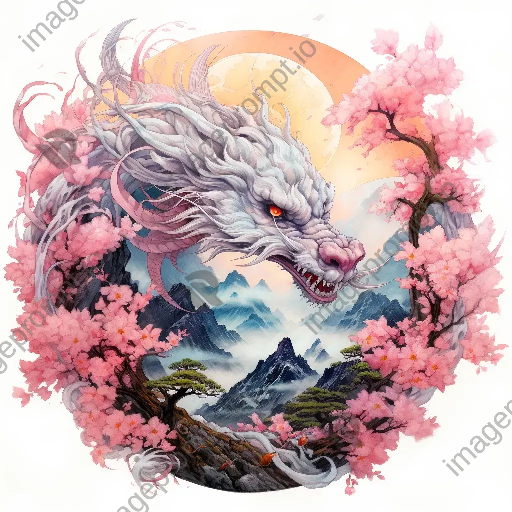 Painting of a majestic dragon curled around a mountain peak in Eastern watercolor style - Image 3