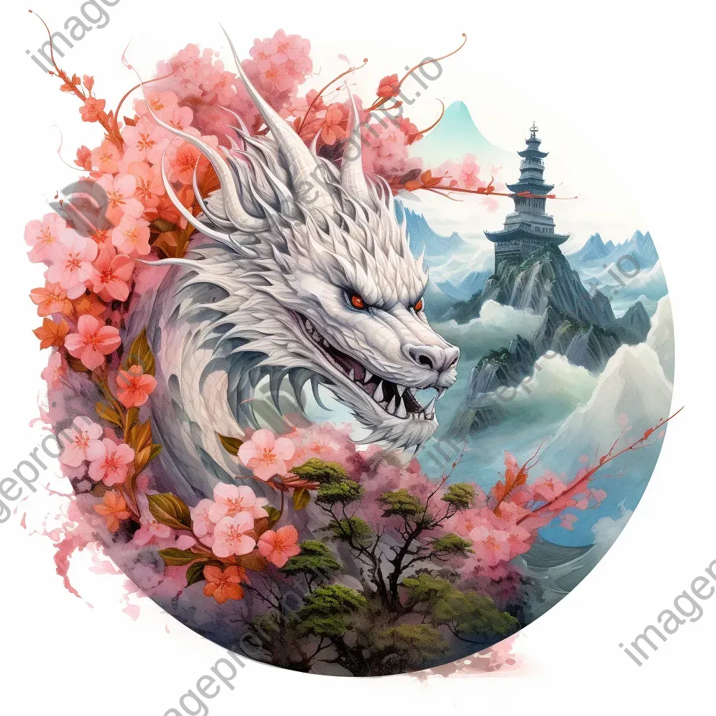 Painting of a majestic dragon curled around a mountain peak in Eastern watercolor style - Image 4