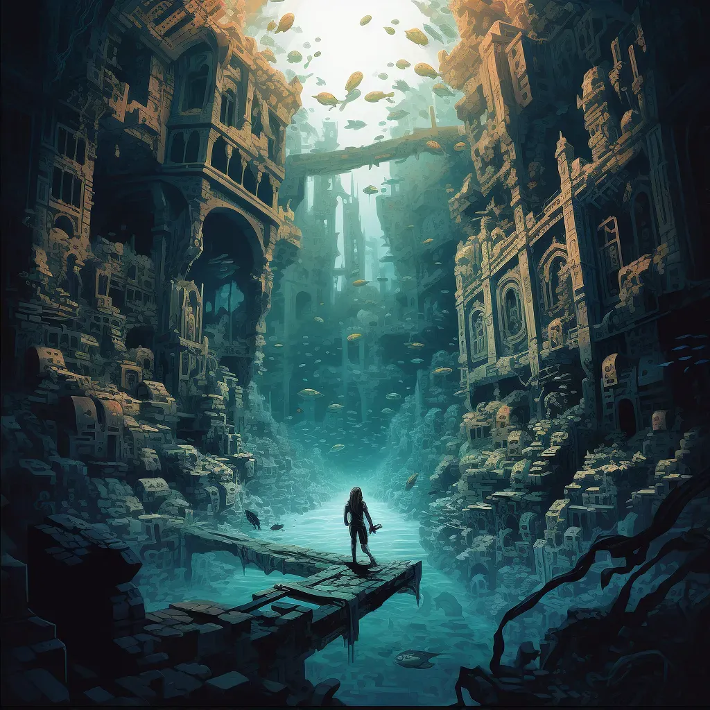 Underwater scene of a diver exploring a sunken city with ancient architecture - Image 2