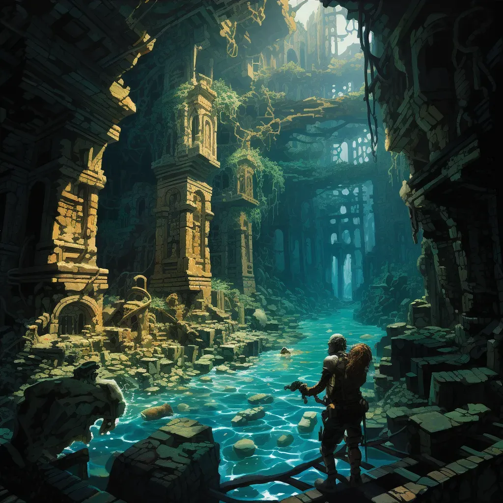 Underwater scene of a diver exploring a sunken city with ancient architecture - Image 4