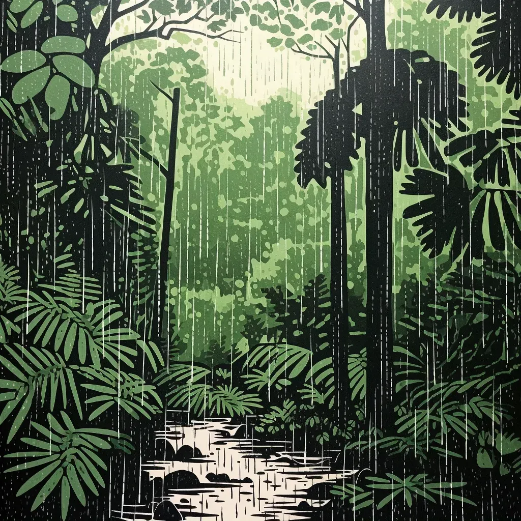 Illustration of a monsoon rain in a tropical forest with heavy raindrops falling on lush greenery. - Image 1