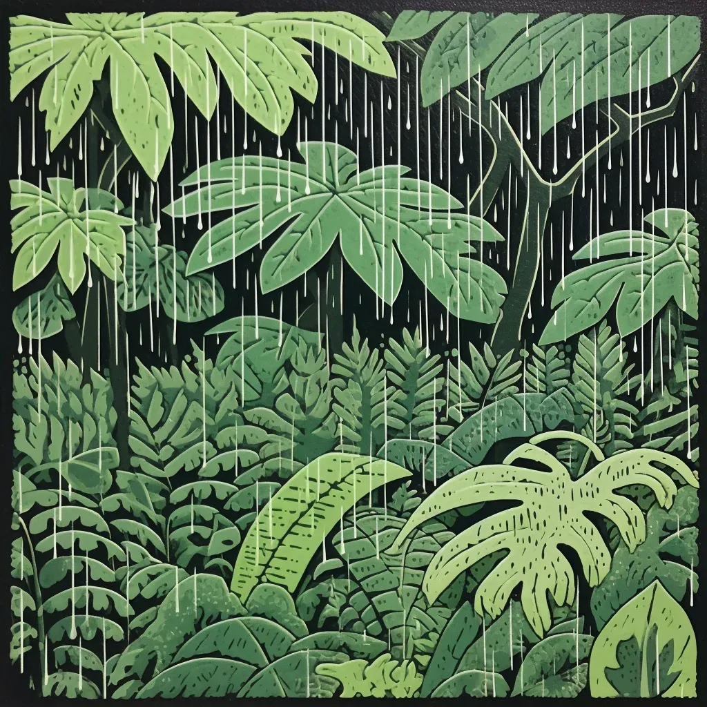 Illustration of a monsoon rain in a tropical forest with heavy raindrops falling on lush greenery. - Image 2