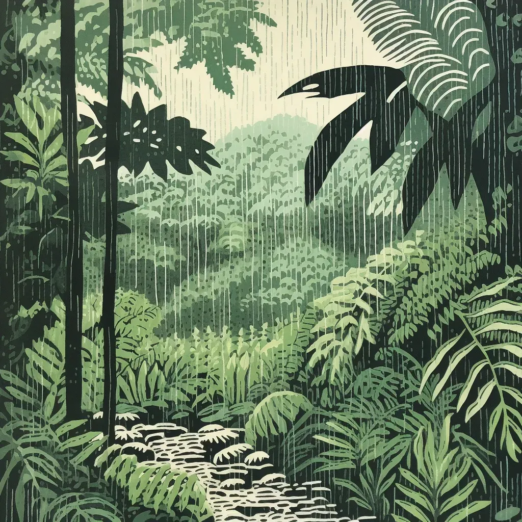 Illustration of a monsoon rain in a tropical forest with heavy raindrops falling on lush greenery. - Image 3