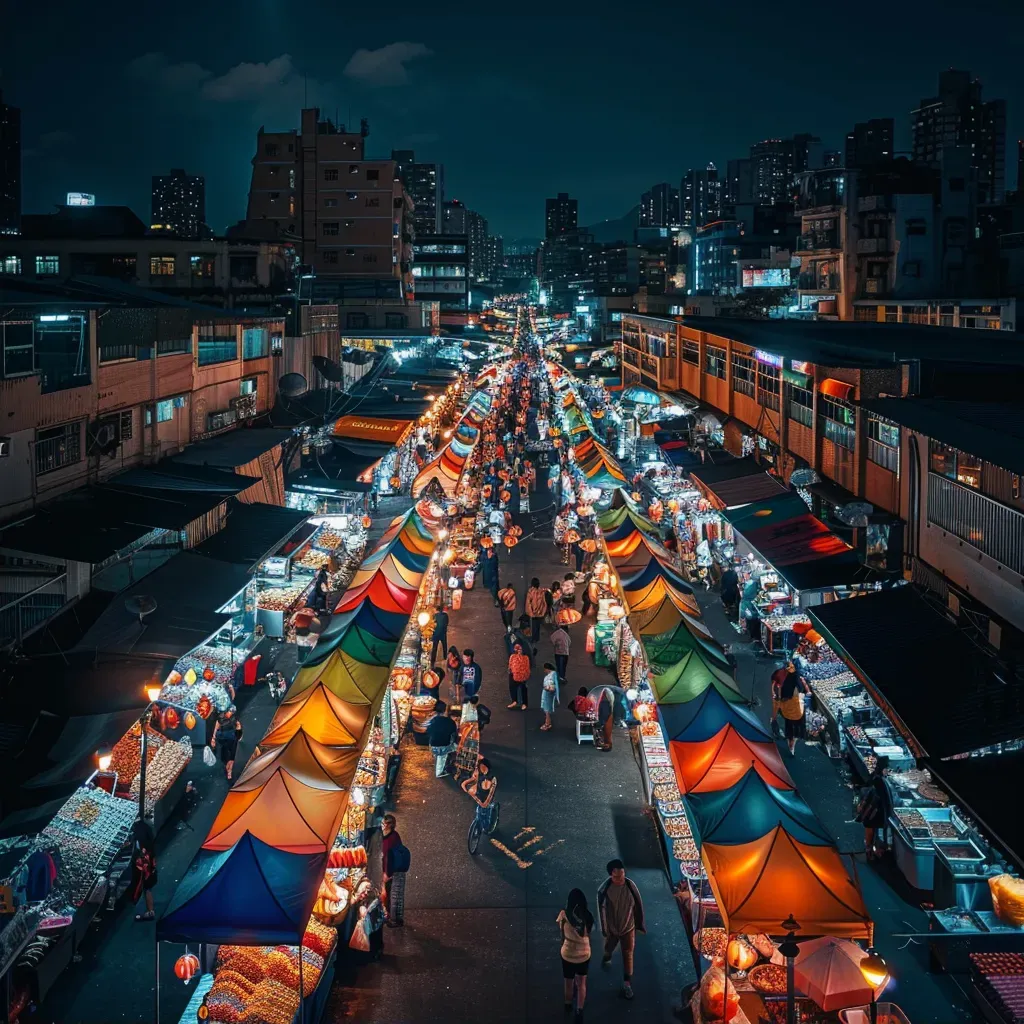 Bustling night market with colorful stalls and lanterns under city lights - Image 2