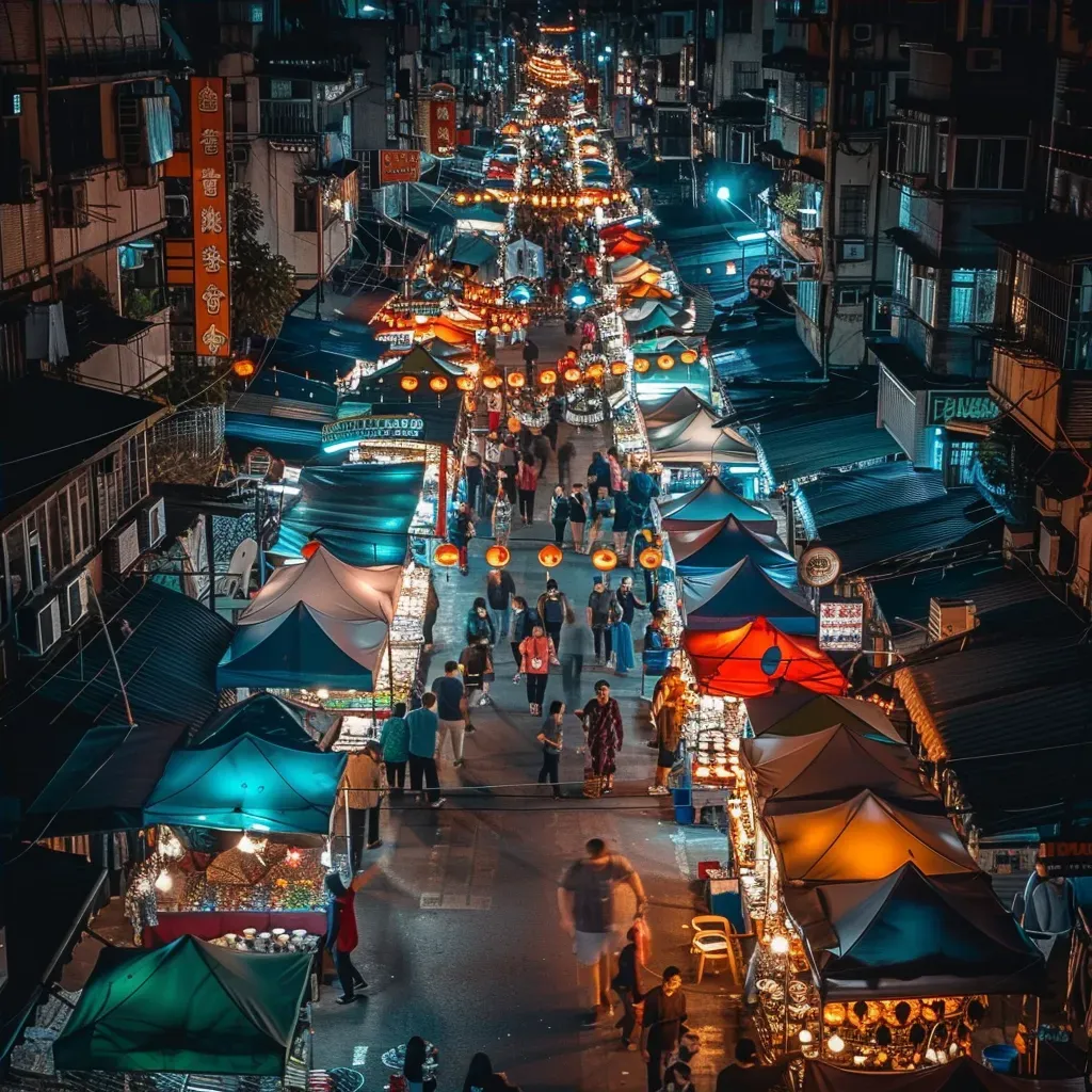 Bustling night market with colorful stalls and lanterns under city lights - Image 4