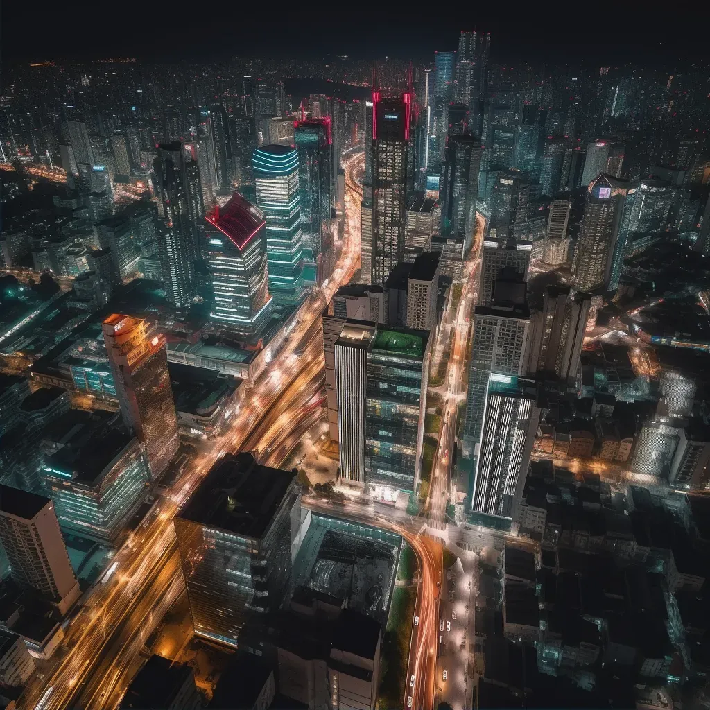 Energetic cityscape with buildings, streets, and traffic under city lights at night - Image 2