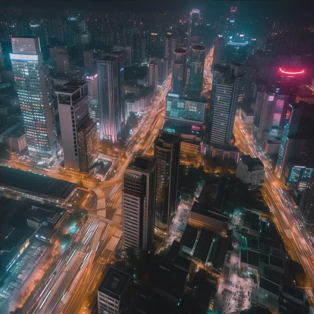 Energetic cityscape with buildings, streets, and traffic under city lights at night - Image 4