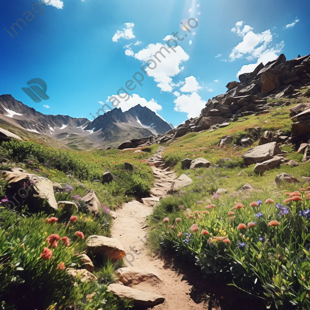 Winding trail through rocky ridge filled with wildflowers - Image 1