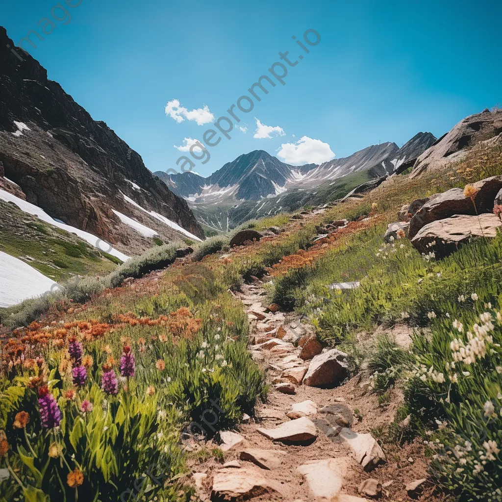 Winding trail through rocky ridge filled with wildflowers - Image 2