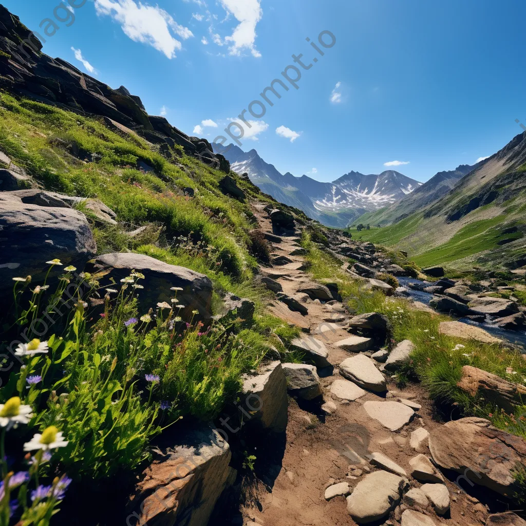 Winding trail through rocky ridge filled with wildflowers - Image 3