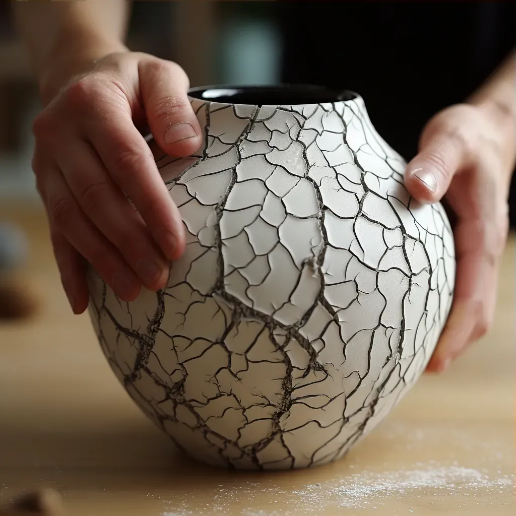 Crackled glazed ceramic vase with fine lines - Image 3