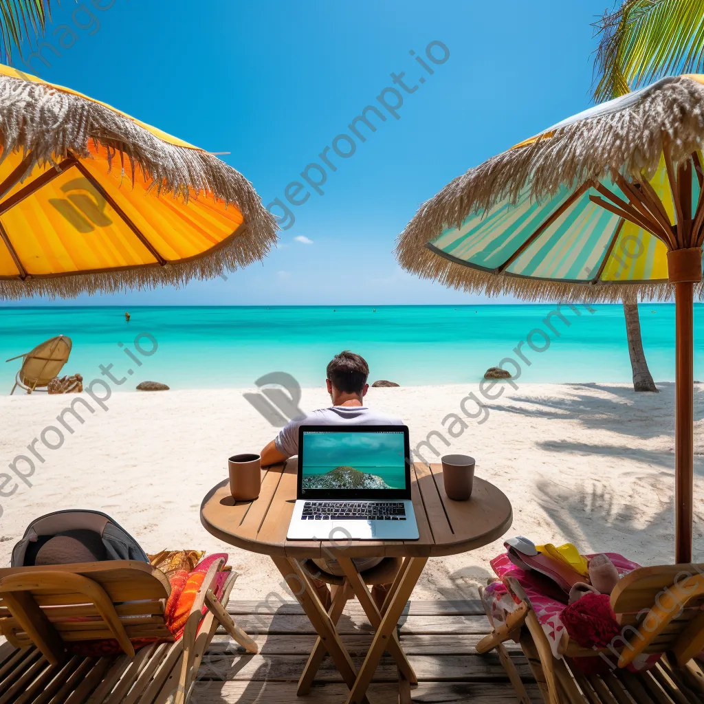 Freelancer using laptop on a beach with umbrellas - Image 1