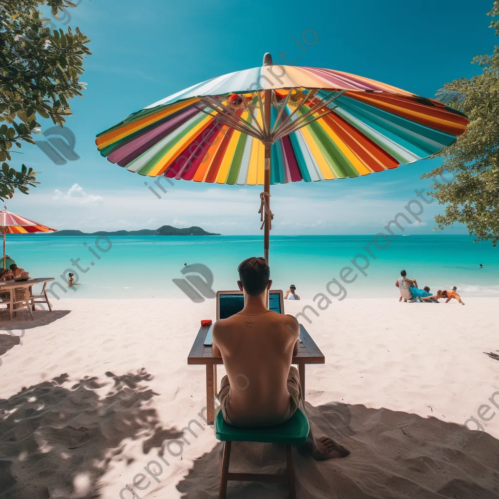 Freelancer using laptop on a beach with umbrellas - Image 3