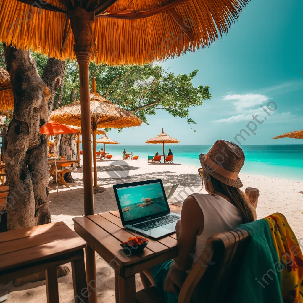 Freelancer using laptop on a beach with umbrellas - Image 4