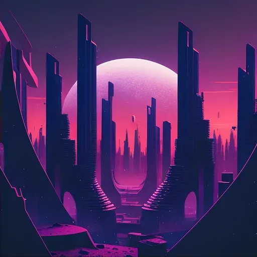 Geometrically organized futuristic cityscape under a purple twilight sky - Image 2