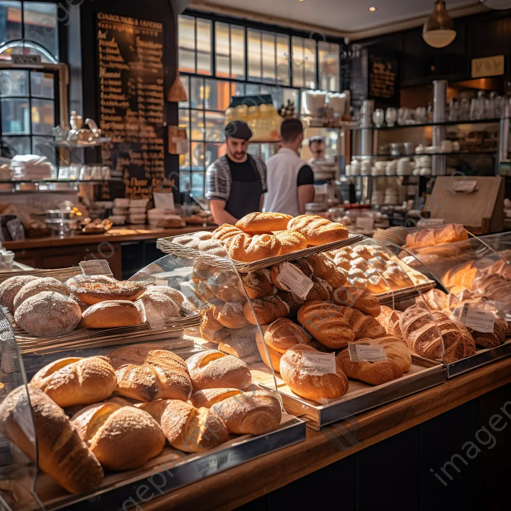 Interior of a busy bakery with fresh pastries and smiling customers - Image 3