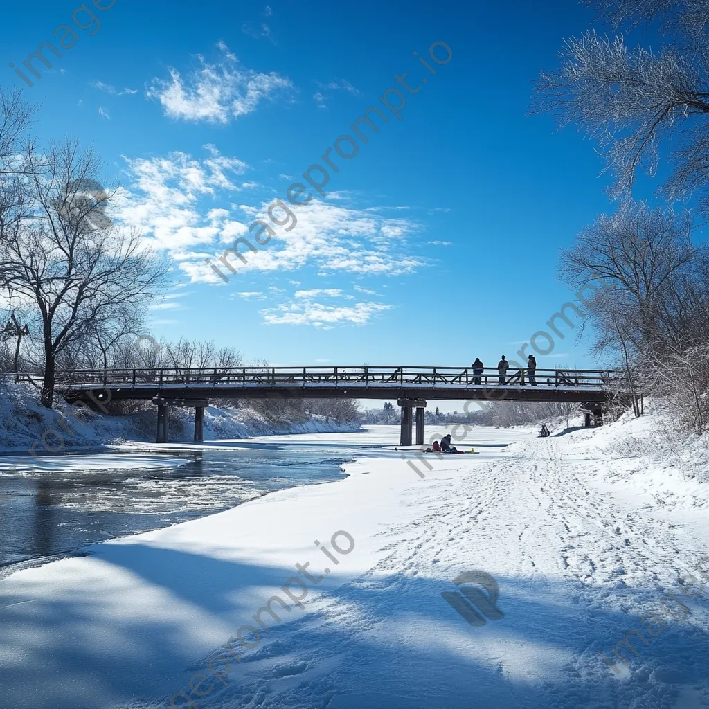 Children tobogganing near a snowy bridge - Image 1