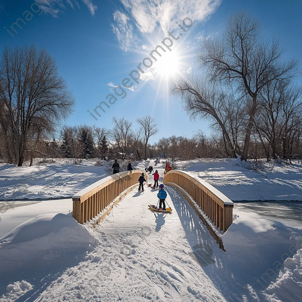 Children tobogganing near a snowy bridge - Image 2