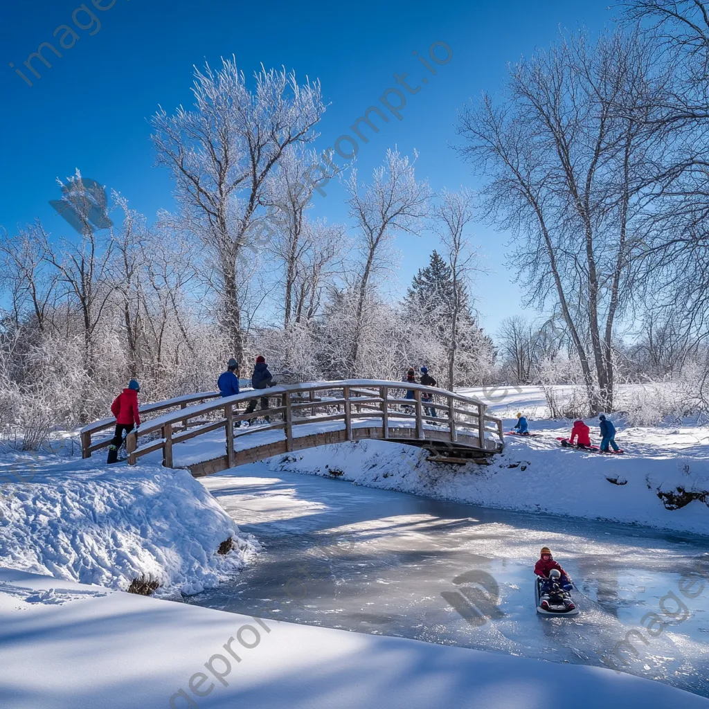 Children tobogganing near a snowy bridge - Image 3